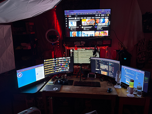 This is the primary computer rig at the studio. Studio lights, six monitors, ring light, multiple microphones, several webcams and iPhones used for environmental scanning (primarily for outdoor photogrammetry and gaussian splatting).